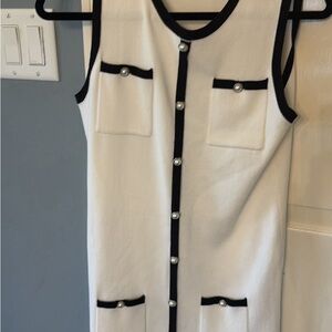 NWOT Classic Pearl-Button Sleeveless Dress in White with Black Trim